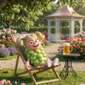 Comicfigur Lupulinchen liegt im Garten im Liegestuhl